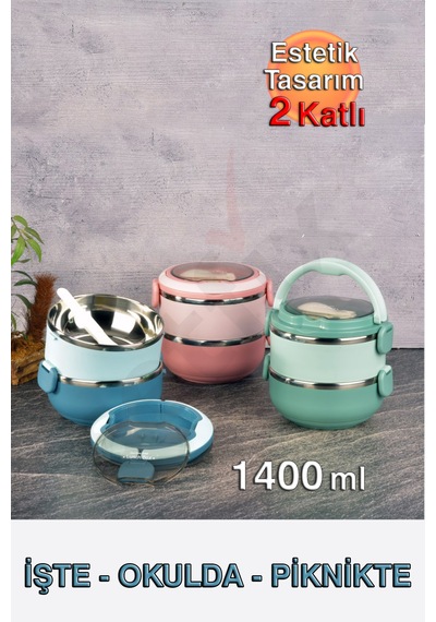 Tohana 2 Katlı, Paslanmaz Çelik, Silikon Contalı Yemek Kabı 1400ml Mavi