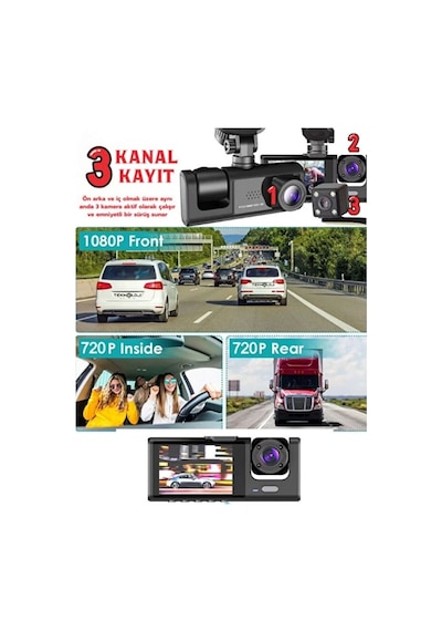 Schitec Trafik Kaydedici Dikiz Aynası Üç Kameralı 170 Geniş Açı Full Hd 1080p Araç İçi Kamera C309