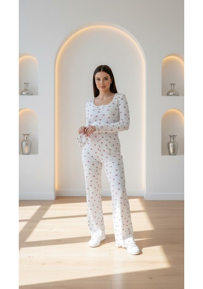 Divinus Kiraz Desenli Kaşkorse Pijama Takım Beyaz