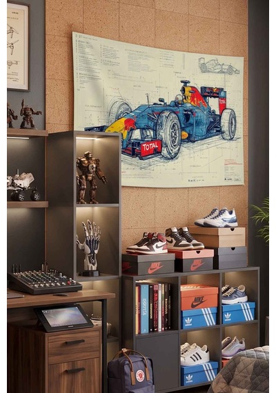 Red Bull Formula 1 Yarış Aracı Blueprint Dekoratif Duvar Örtüsü Duvar Halısı Beyaz