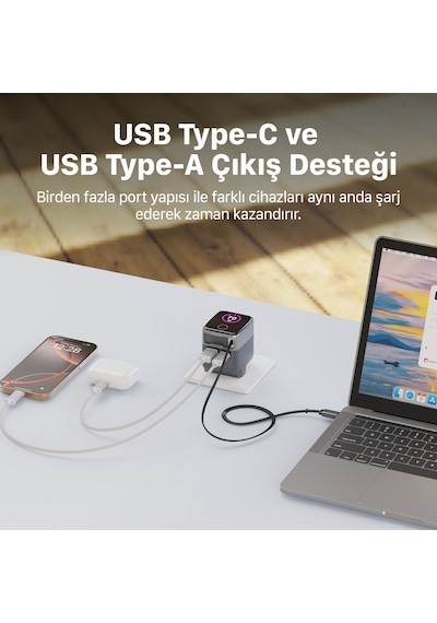 Xenon Smart Hızlı Şarj Adaptörü 70w, Gan, Usb-c & Usb-a, Dahili Type-c Kablo, Pd Pps, Dijital Ekran X6413