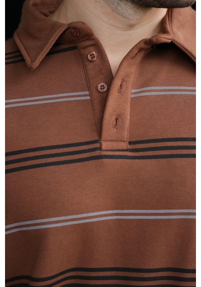 Madmext Kahverengi Çizgili Polo Yaka Erkek Sweatshirt E7172 Kahverengi