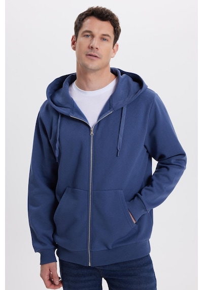 Tudors Unisex Relax Fit Rahat Kesim Pamuklu İçi Polarlı Çift Cepli Tam Fermuarlı İndigo Kapüşonlu Sweatshirt-41647 İndigo