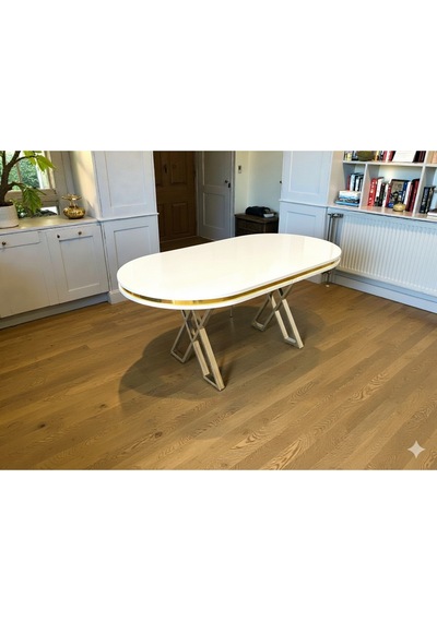 Msy Home Beyaz Gold Detaylı Lake Panel 90 170 Cm Oval Masa Beyaz