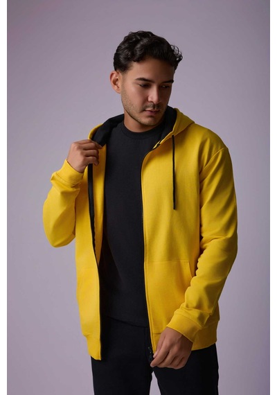 Defys Defy S Erkek Oversize Kapüşonlu Fermuarlı Cepli Sweatshirt Sarı - 527577758 Sarı