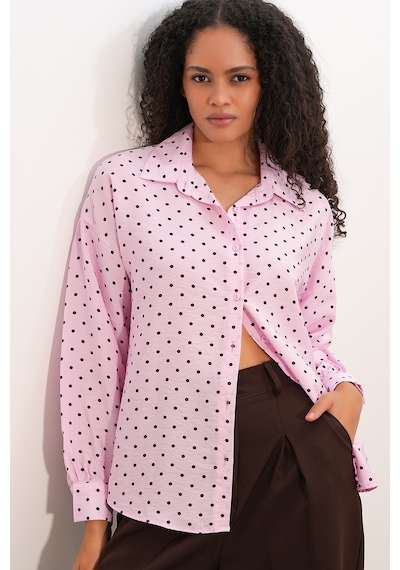 Bigdart Kadın Oversize Puantiyeli Gömlek 20392 - Pembe