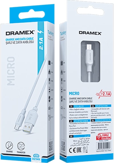 Dramex D21MK Micro USB Data/Şarj Kablosu 2.1A 1mt Beyaz