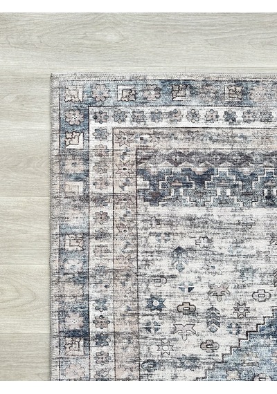 Eskitme Geometrik Madalyon Desenli Lacivert Ve Krem Etnik Halı - Ar859nc Krem - Lacivert