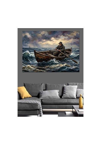 Denizde Kürek Çeken Yalnız Balıkçı Yağlı Boya Dokulu Kanvas Tablo Canvas Tablosu