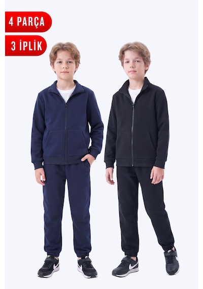 Fyk Kids Erkek Çocuk 3 İplik Düz Basic Fermuarlı Dik Yaka Çift Cepli 2'li Eşofman Takımı 4 Parça Lacivert-siyah