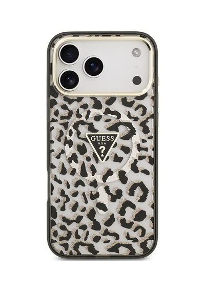 Apple iPhone Uyumlu 18 Pro Max Kılıf Guess Lisanslı M-safeli Üçgen Logolu Simli Leopar Desenli Kapak Siyah
