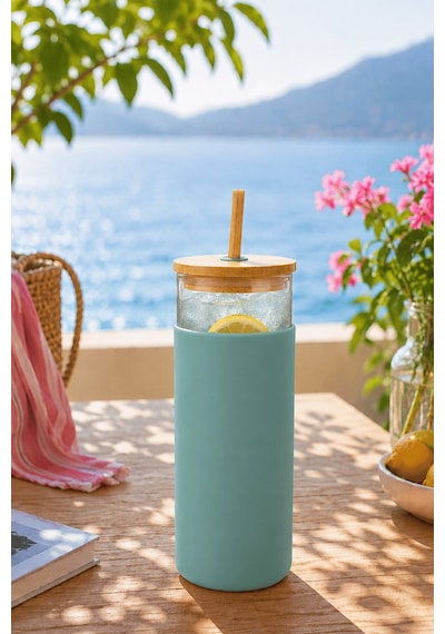 Bambu Pipetli Cam Bardak 550 Ml Silikon Kılıflı Kahve Bubble Tea Ve Su Şişesi - Yeşil