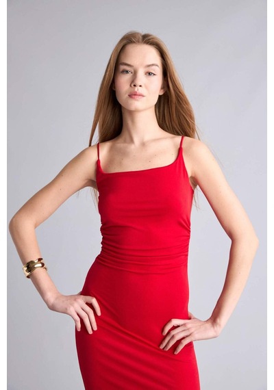 Defacto Bodycon Vücudu Saran Kare Yaka Askılı Maxi Elbise H6454ax26smrd357 Kırmızı-rd357