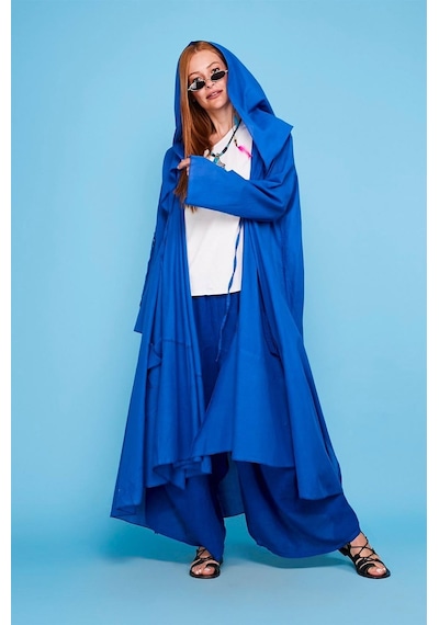 Bohem Stil İtalyan Cepli Keten Şalvar Pantolon Cmn00154 Mavi