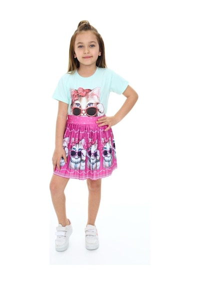 My Kids Wear Sevimli Kedi Etek Tişört Gri - Pudra