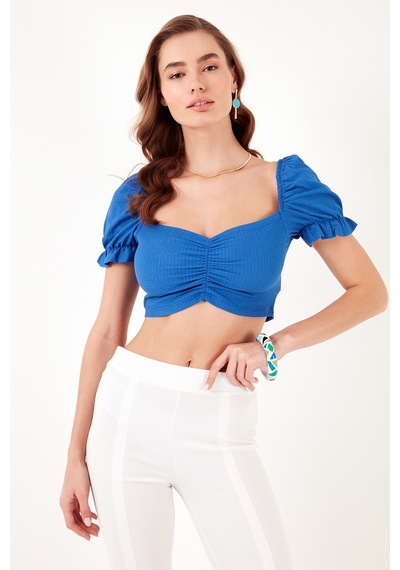 Lela Slim Fit Büzgü Detaylı Kalp Yaka Crop Bayan Bluz 5865601 Saks