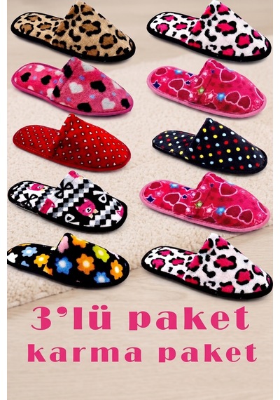 Stwenn 3 Lü Avantajlı Paket Kışlık Peluş Desenli Sessiz Ortopedik Taban Çeyiz Misafir Ev Terliği Set 3'lü Kadın Çanak