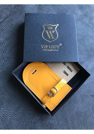 Vip Gift Voyager Bagaj Isimlik Valiz Bavul Etiketi Hakiki Deri Sarı Parlak
