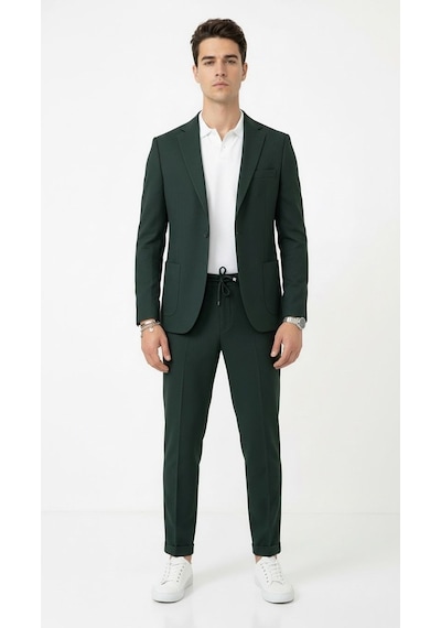 Pike Kumaş Jogger Pantolonlu Erkek Takım Elbise Torba Cepli Tek Düğme Slim Fit Kombin Yeşil Pike Kumaş Jogger Pantolonlu Erkek Takım Elbise Torba Cepli Tek Düğme Slim Fit Kombin Yeşil
