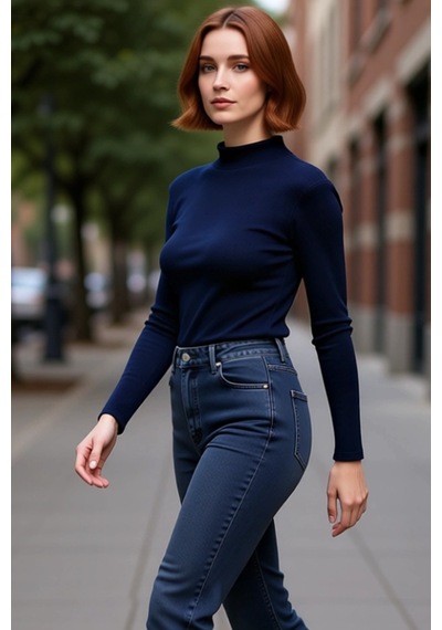 Ersefa Moda Dik Yaka Örme Slim Düz Desen Casual Günlük Regular Uzun Kol Lacivert