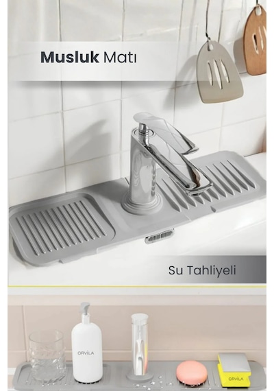 Elastik Musluk Matı Su Tutucu Düzenleyici Kaydırmaz Taban Organizer Mutfak Banyo Lavabo Gri