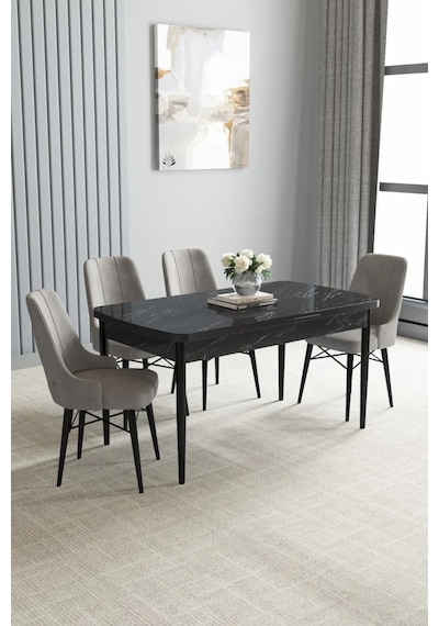 Zümra Serisi, Siyah Mermer Desen 80x132 Açılabilir Mdf Mutfak Masası Takımı 4 Adet Sandalye, Gri Zümra Serisi, Siyah Mermer Desen 80x132 Açılabilir Mdf Mutfak Masası Takımı 4 Adet Sandalye, Gri