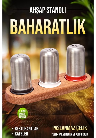 Ahşap Stantlı Baharatlık Ve Tuzluk Seti 3'lü Paslanmaz Çelik Kafe Restorant Diğer