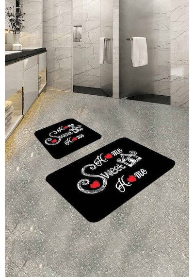 Siyah Home Sweet Banyo Halısı Klozet 2'li Paspas Seti Bs302n11