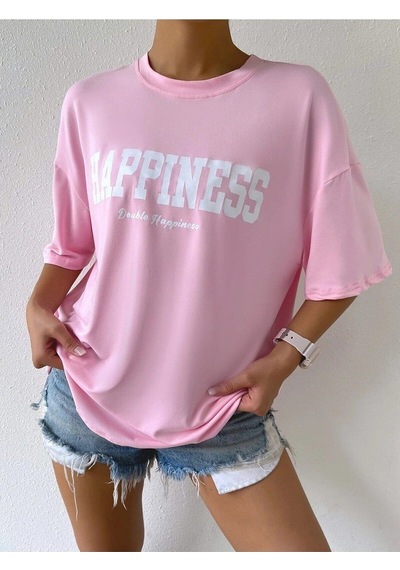 Flood Of Style Kadın Pembe Happıness Baskılı Oversize Tshirt