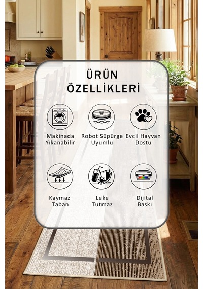 Kahve Kare Bej Yıkanabilir Mutfak Halısı