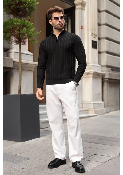 Madmext Siyah Slim Fit Hakim Yaka Fermuarlı Erkek Triko Kazak E7518