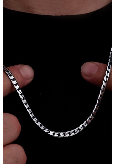 Erkek Gümüş Kolye - 925 Ayar 4 Mm Oksitli Ezme Gurmet Zincir Gümüş Kolye