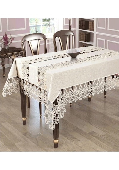 Masa Örtüsü 160 220 Cm Fransız Dantelli 8 Kişilik Taş Altın