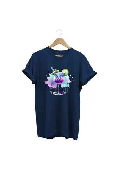 Tropik Kokteyl Temalı Renkli Yaz Baskılı %100 Pamuk Unisex Regular Fit T-shirt Lacivert
