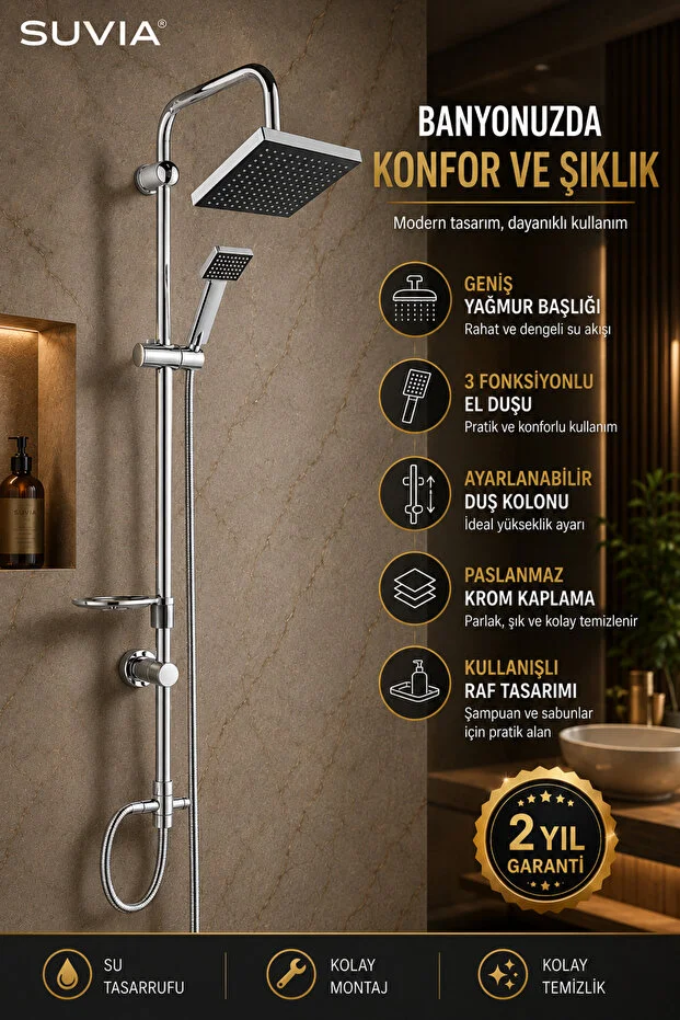 Duş Seti Banyo Bataryası Yağmurlama Duş Sistemi Fonksiyonlu El Duşu Pirinç Yönlendiricili Krom