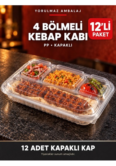 4 Bölmeli Pp Kapaklı Kebap Kabı 12 Li Şeffaf Bölmeli Yemek Ve Paket Servis Kabı