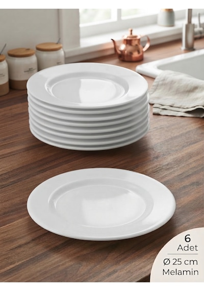 Biodata 6 Adet Polikarbon Beyaz Classic Düz Tabak Çizgi Pasta Yemek Servis Tabağı Ø 25 Cm Melamin