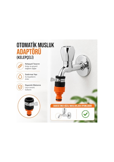 Otomatik Musluk Adaptörü Kelepçeli Hortum Bağlantı Aparatı Pratik Musluk Ucu Adaptörü