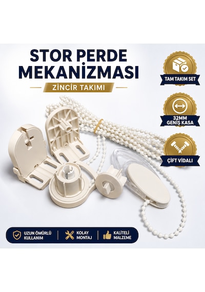 Stor Perde Mekanizması 32mm Geniş Kasa Çift Vidalı Takmatik Zincir Takımı Tam Set Zebra Perde Mekanizması Krem
