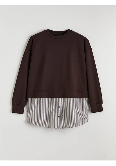 Lc Waikiki Kahverengi Gömlek Detaylı Kadın Sweatshirt Tunik
