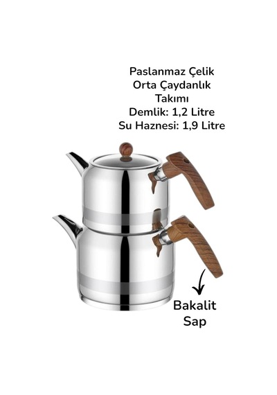 İmza Antik Paslanmaz Çelik Çaydanlık Takımı Orta Boy Bakalit Sap Kahverengi