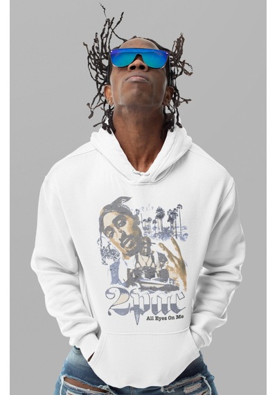 Sevbano 2pac Rapper Baskılı Unisex Oversize Tupac Şarkıcı Hoodie beyaz