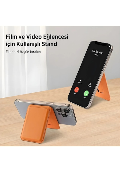 Bix Tmw4 Apple Uyumlu iPhone Magsafe  Deri Cüzdan Manyetik Kartlık Standlı Katlanabilir Gold Kahverengi Kahverengi