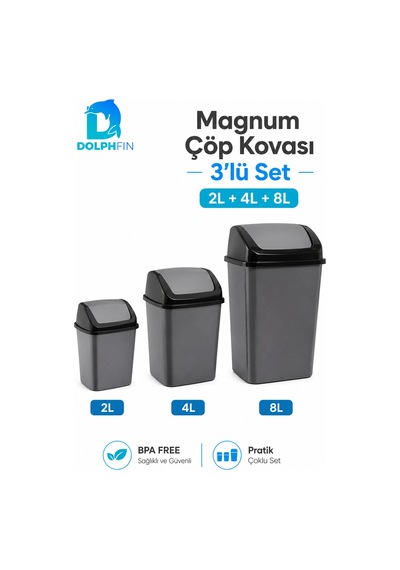 Magnum 3 Lü Sallanır Kapaklı Çöp Kovası Seti 2 L 4 L 8 L Banyo Mutfak Antrasit Siyah