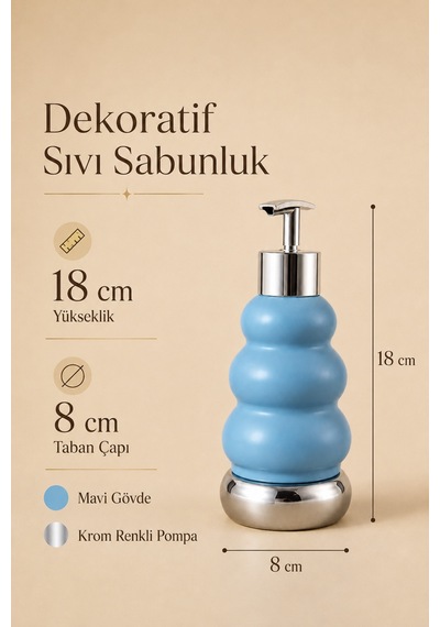 Trıo Dekoratif Premium 3 Boğumlu Sıvı Sabunluk 300 Ml Krom Görünümlü Pompalı Pastel Yeşil Banyo Ve Mutfak Sabun Dispenseri - 18,5 Cm X 7 Cm Mavi