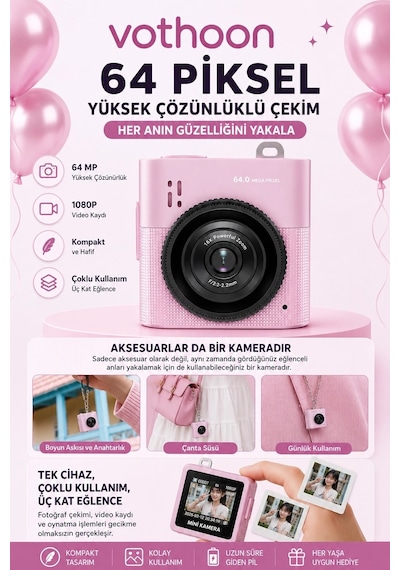 Mini Dijital Kamera 64mp 16x Digital Zoom Retro Vintage 1.4 Ekranlı Video Kamera Taşınabilir Tasarım Pembe