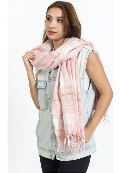 Ladycolor Ekoseli Yünlü Omuz Şalı - 70x200 Cm - Dayanıklı Akrilik Pembe
