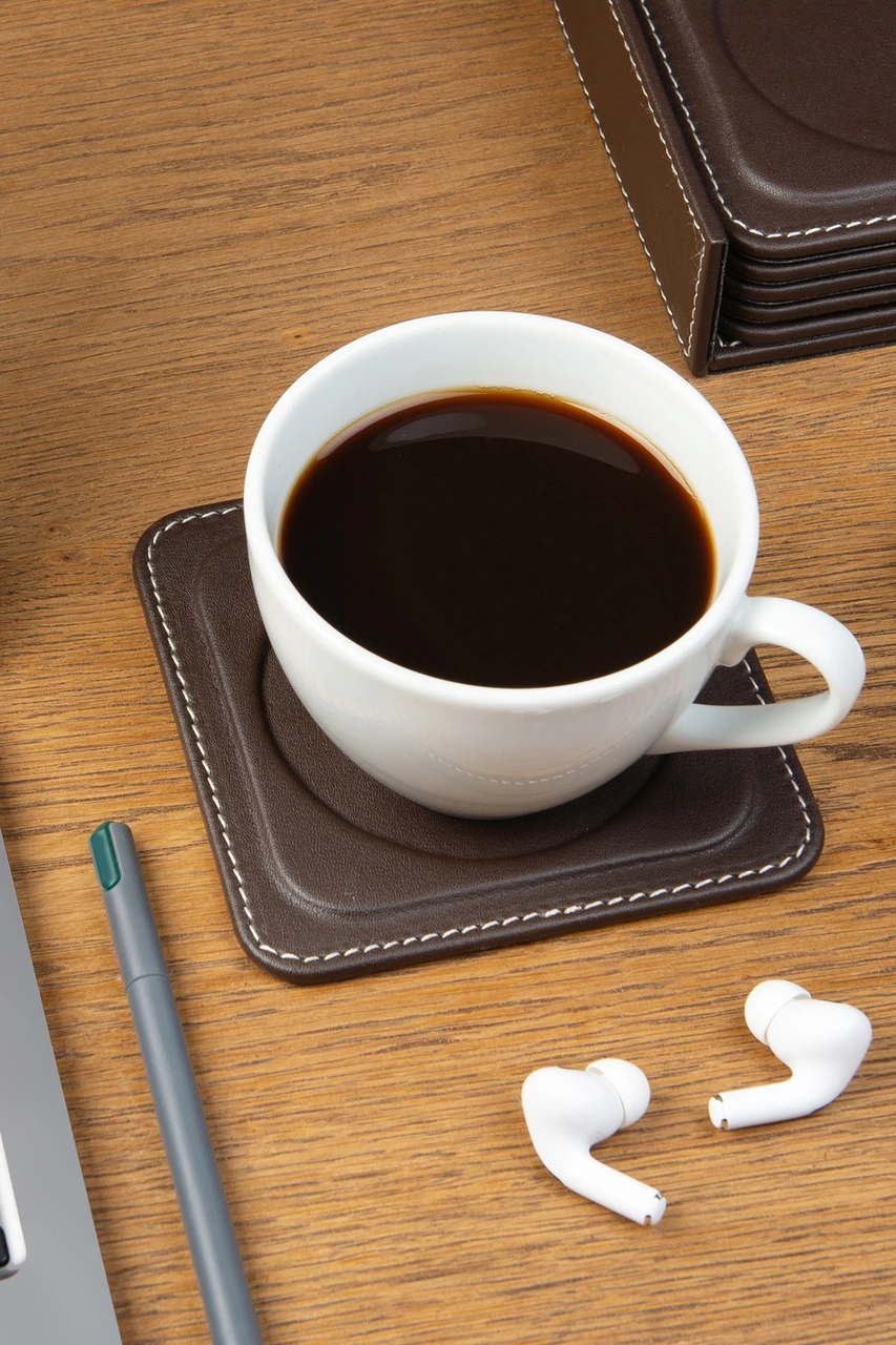 Bardak Altlığı,6 Lı Set,masaüstü Yuvarlak Cup Coaster,vegan Suni Deri,11x11 Cm.,kahverengi