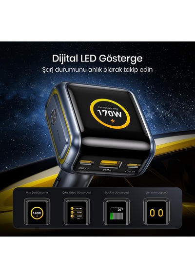 Aohi Superauto Araç İçi Şarjı, 3 Portlu Dijital Ekranlı , 170w Type-c Ve Usb-a Girişli, Usb, Hızlı Ş