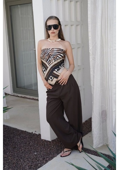 Defymoda Çift Pileli Bol Paça Pantolon Kahverengi